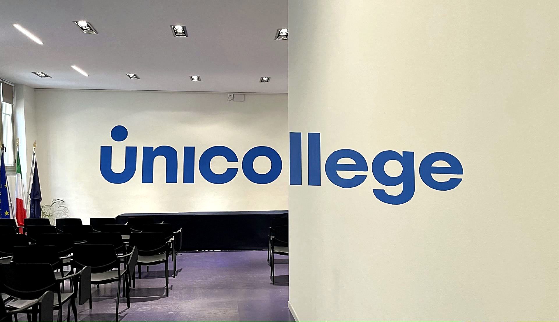 The Unicollege sign in the entrance hall of the campus
