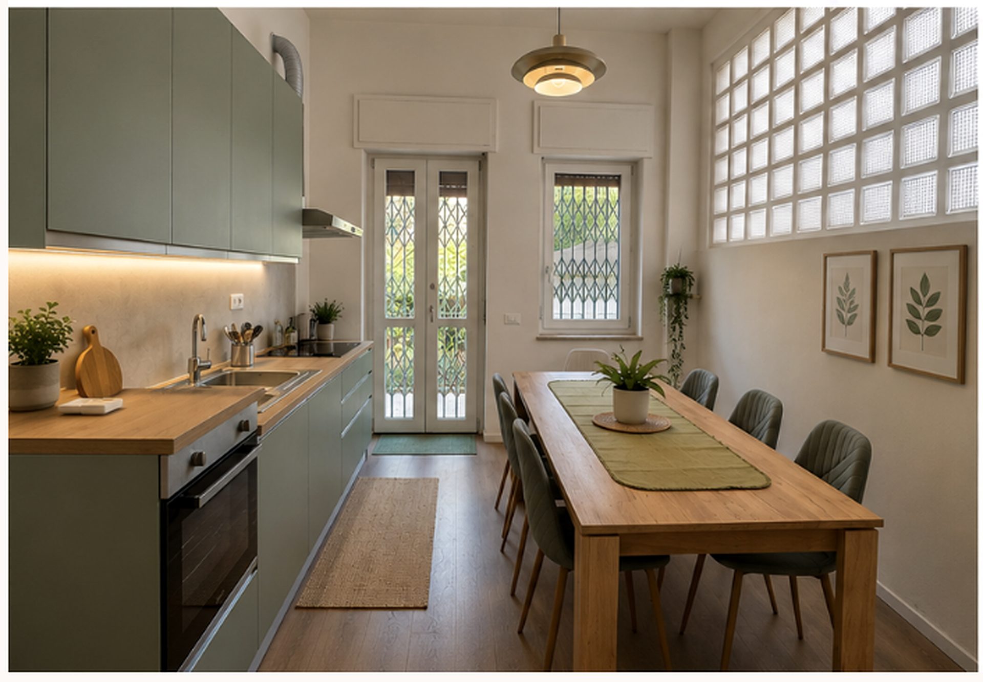 Shared kitchen and long dining table in the Unicollege Florence university residence